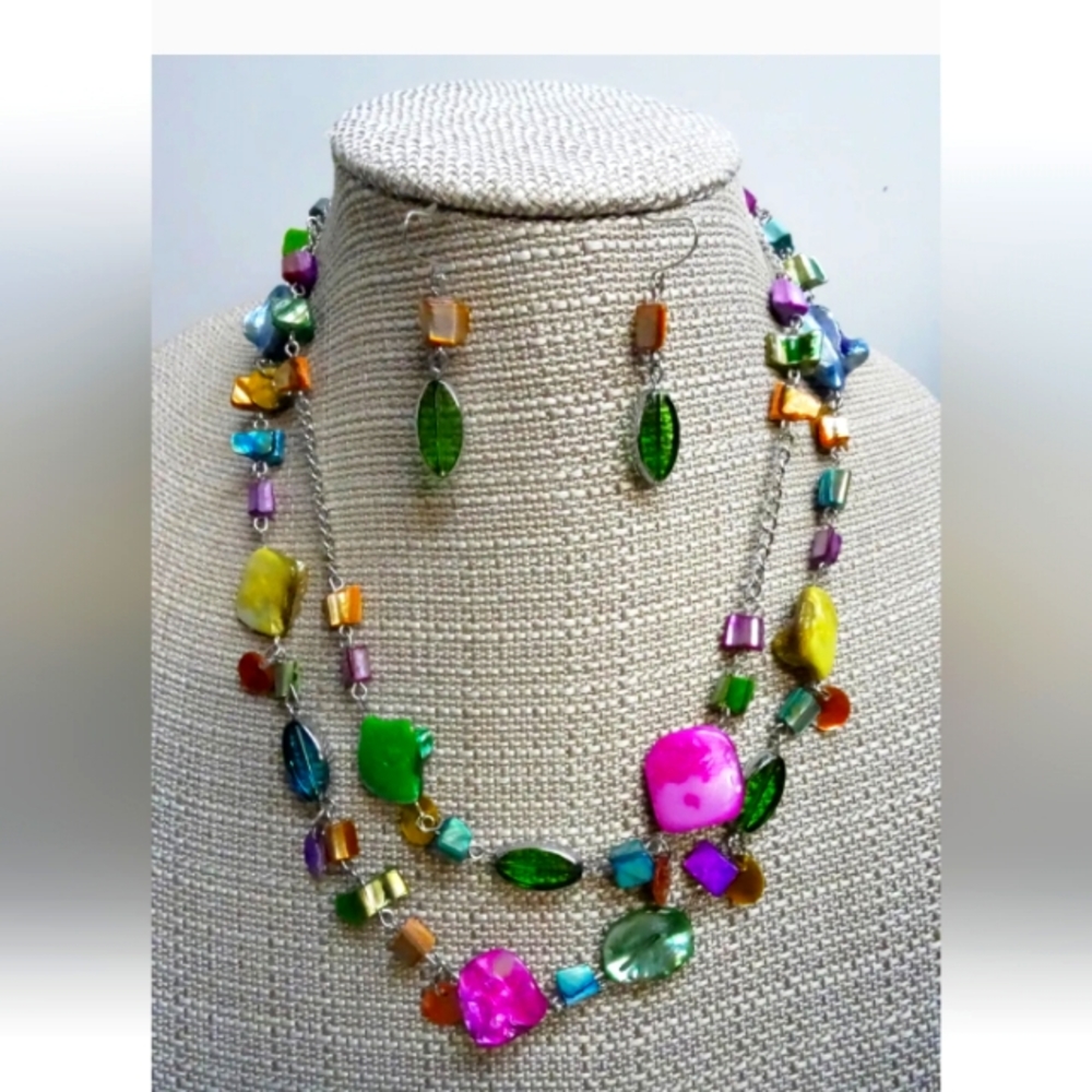 New colorful double strand necklace & earrings set